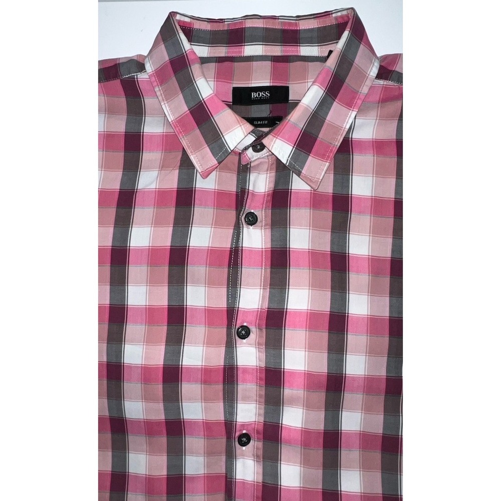 (266/10)Hugo Boss Pink‎ Plaid Button Up Shirt Long Sleeve Xl